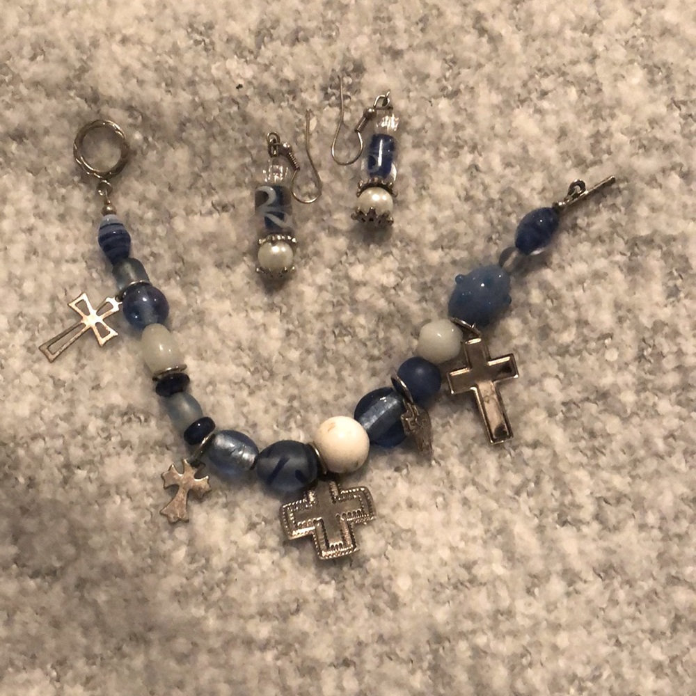Blue and pearl with crosses bracelet and matching earrings.